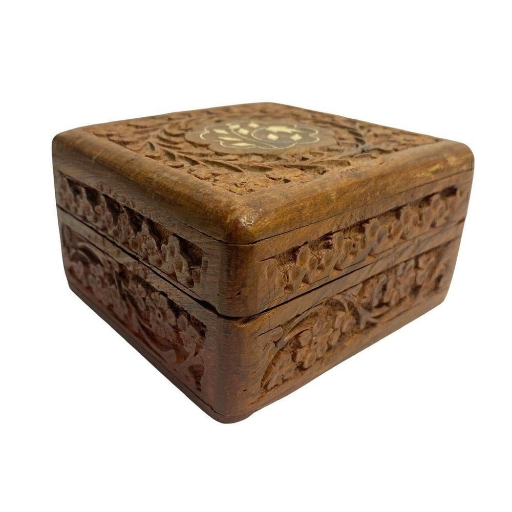 Vintage Wooden Hand Carved Inlay India Sheesham Trinket Jewelry Hinged Box